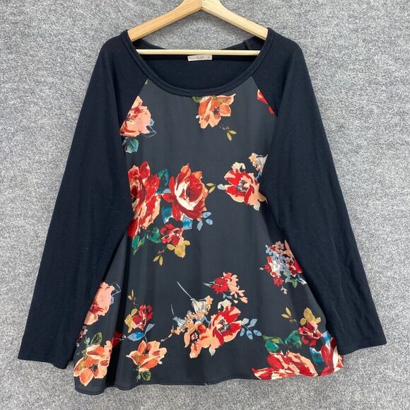 Le Lis Blouse Women 1X Plus Black Floral Long Sleeve Round Neck Pullover Casual - Picture 1 of 9